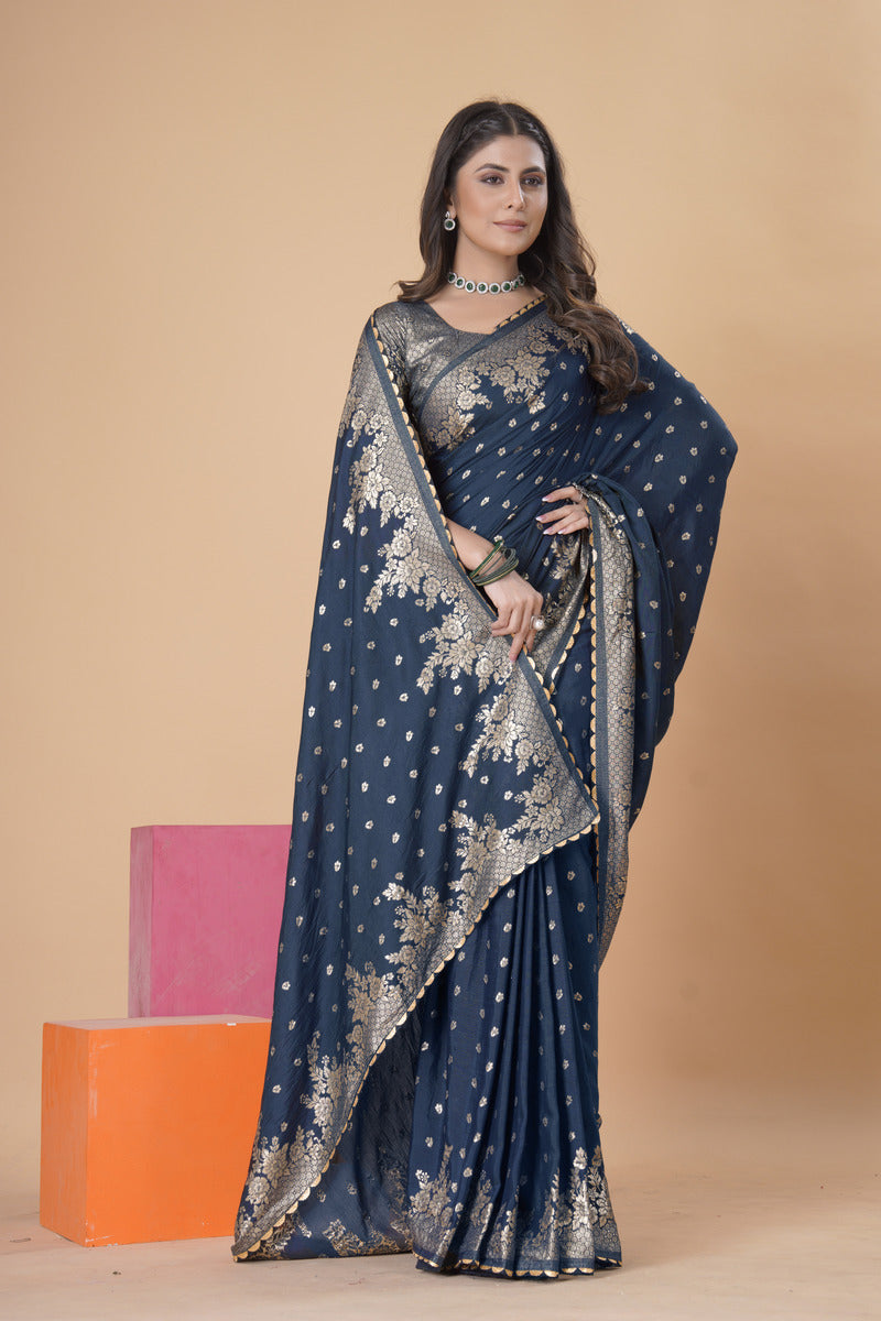 Navy Blue woven saree with blouse piece