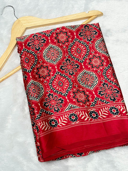 Red Ajrakh Printed Soft Modal Silk Natural Print Saree