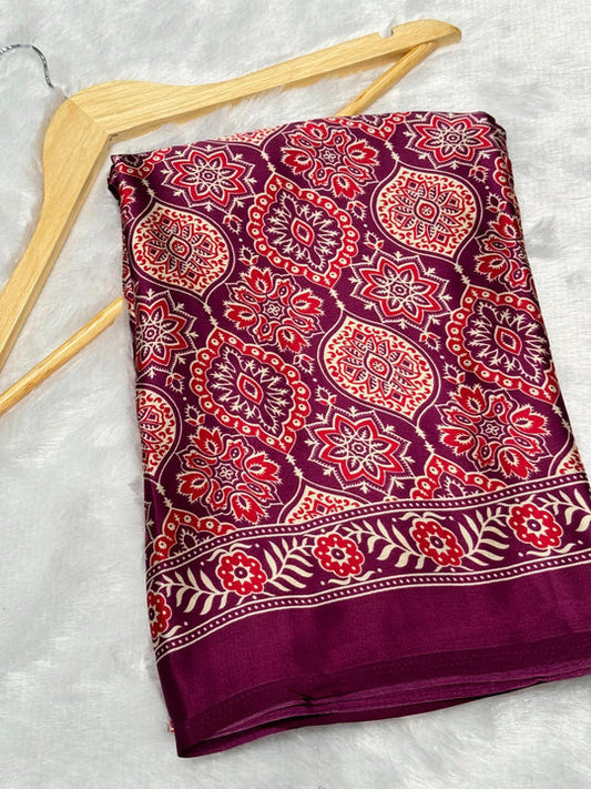 Wine Ajrakh Printed Soft Modal Silk Natural Print Saree