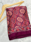 Wine Ajrakh Printed Soft Modal Silk Natural Print Saree