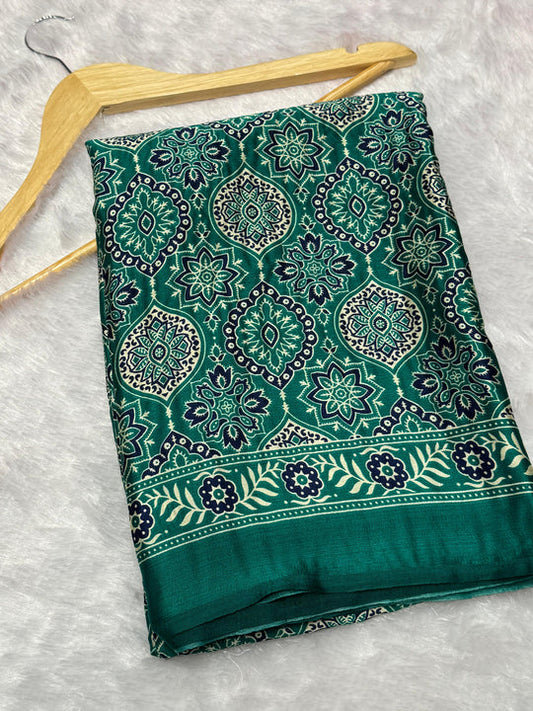Sea Green Ajrakh Printed Soft Modal Silk Natural Print Saree