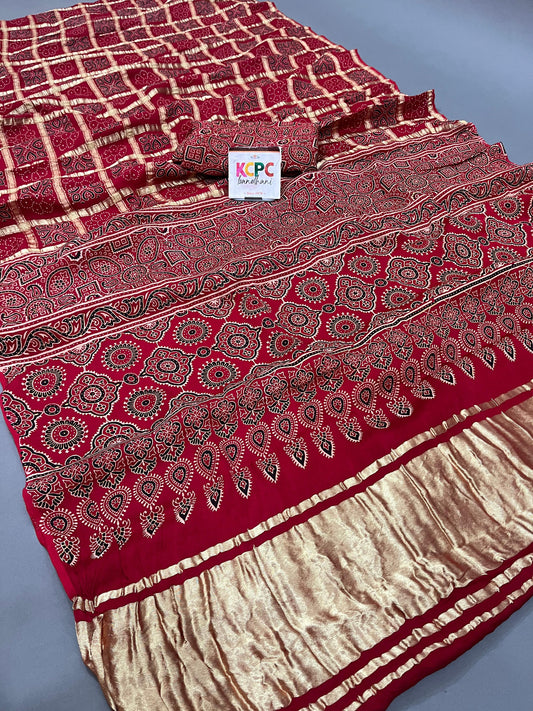 Pure Gaji Modal Silk Ajrakh Print Ghatchola Saree with blouse crafted by kutch bhuj karigars, aad Red