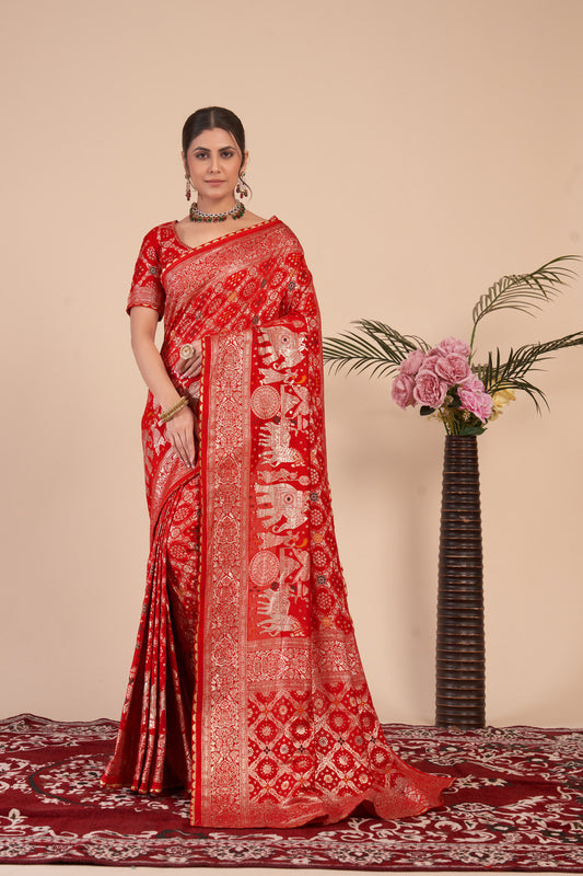 Red woven saree with blouse piece