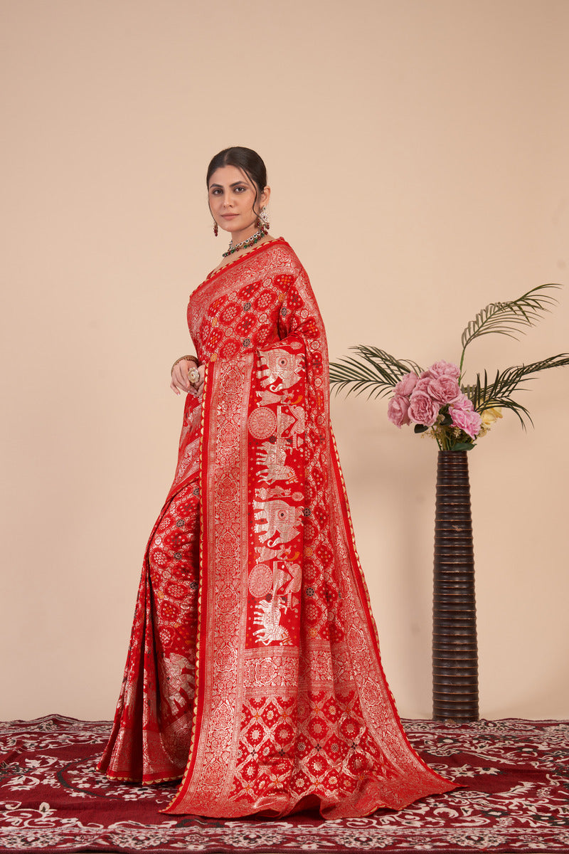 Red woven saree with blouse piece