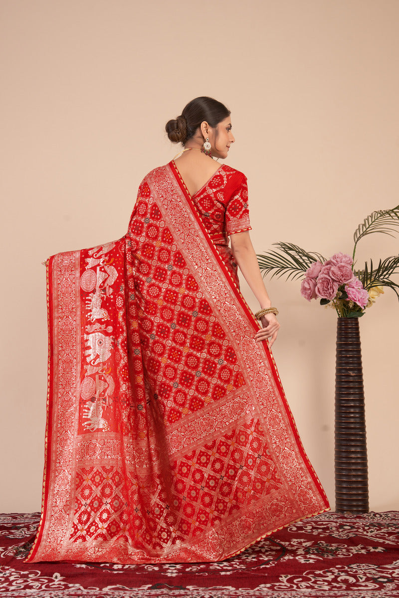 Red woven saree with blouse piece