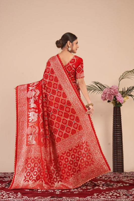 Red woven saree with blouse piece