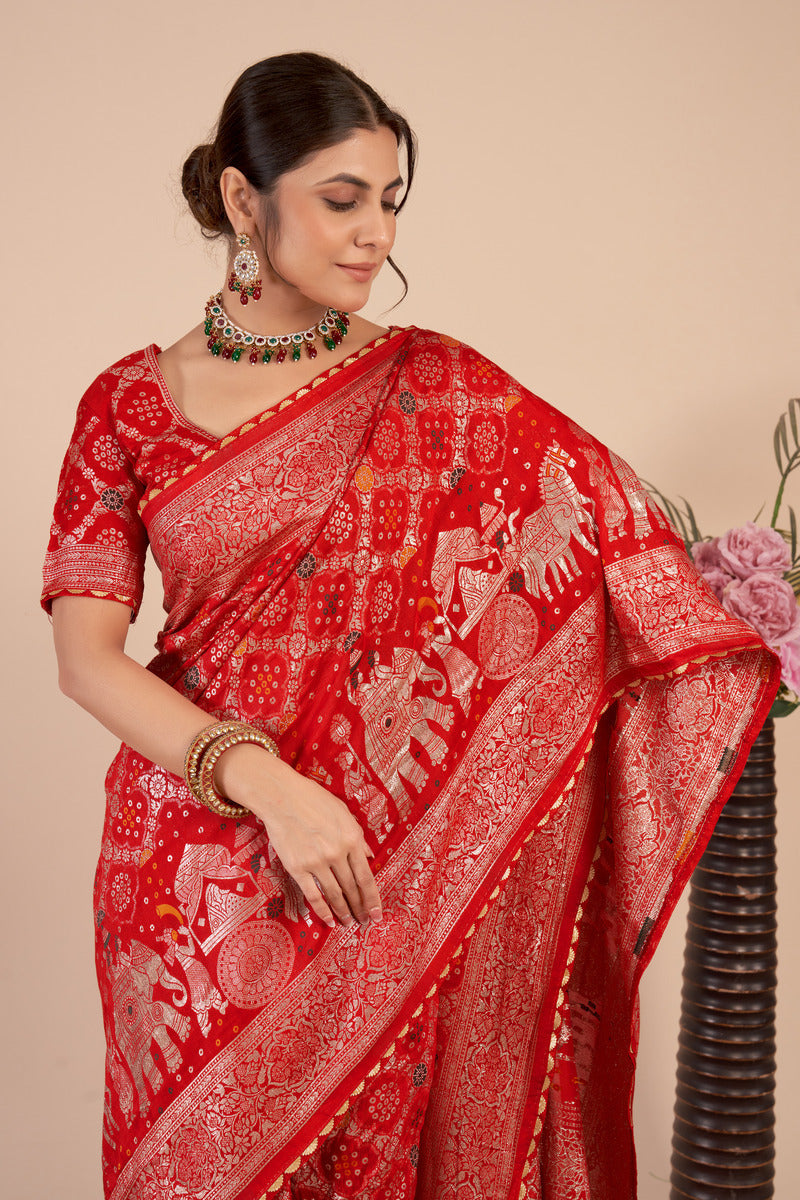 Red woven saree with blouse piece