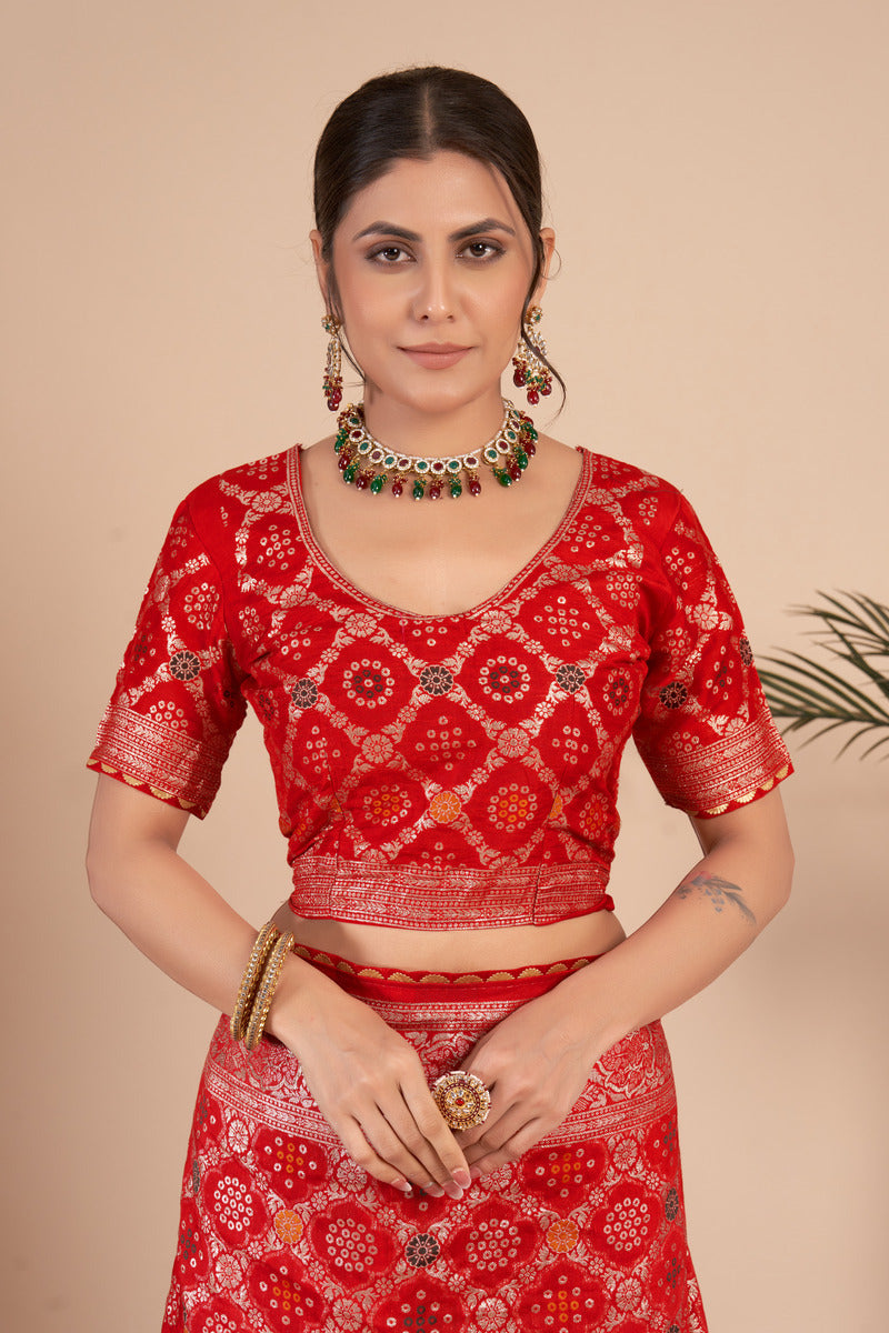 Red woven saree with blouse piece