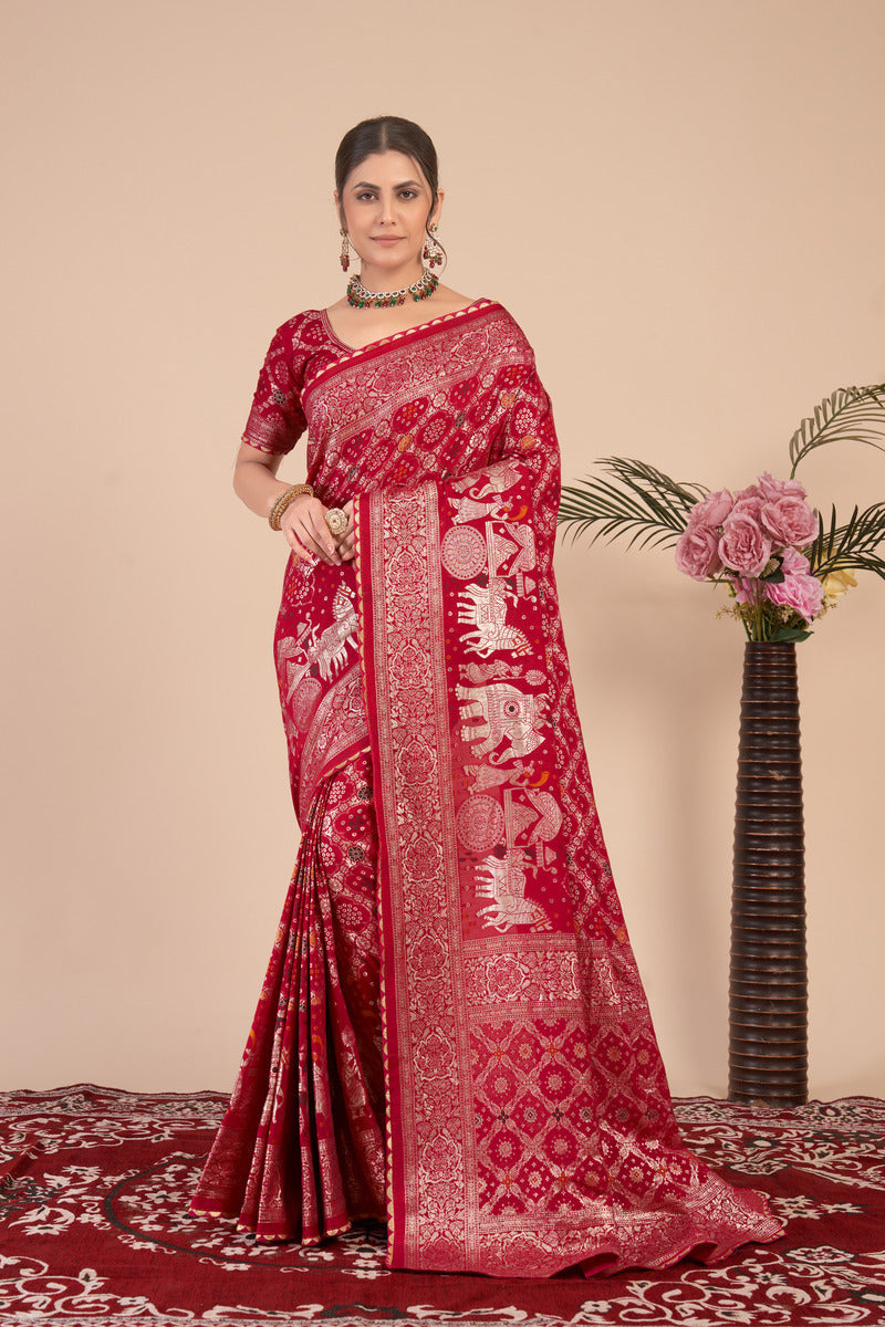 Red woven saree with blouse piece