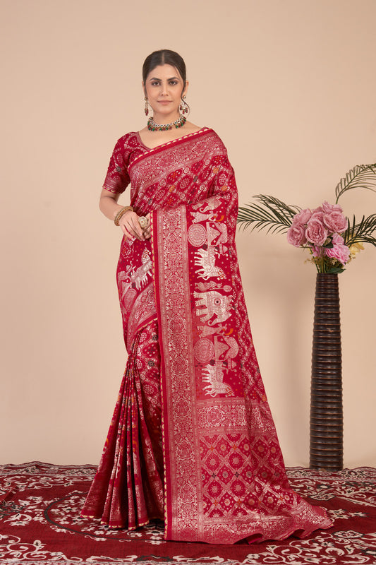 Red woven saree with blouse piece