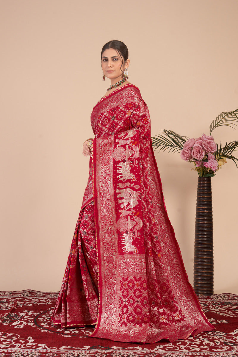 Red woven saree with blouse piece