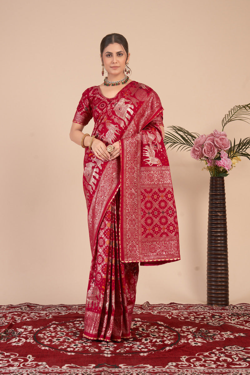 Red woven saree with blouse piece