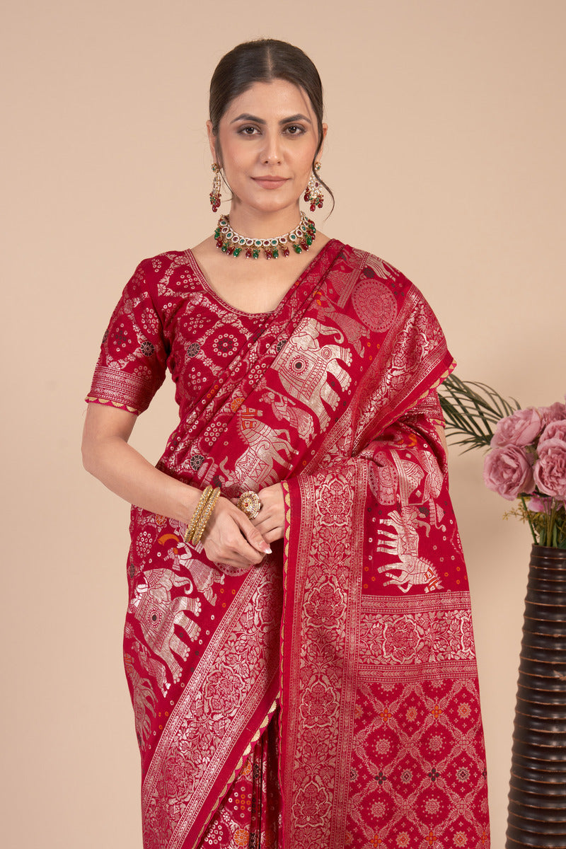 Red woven saree with blouse piece