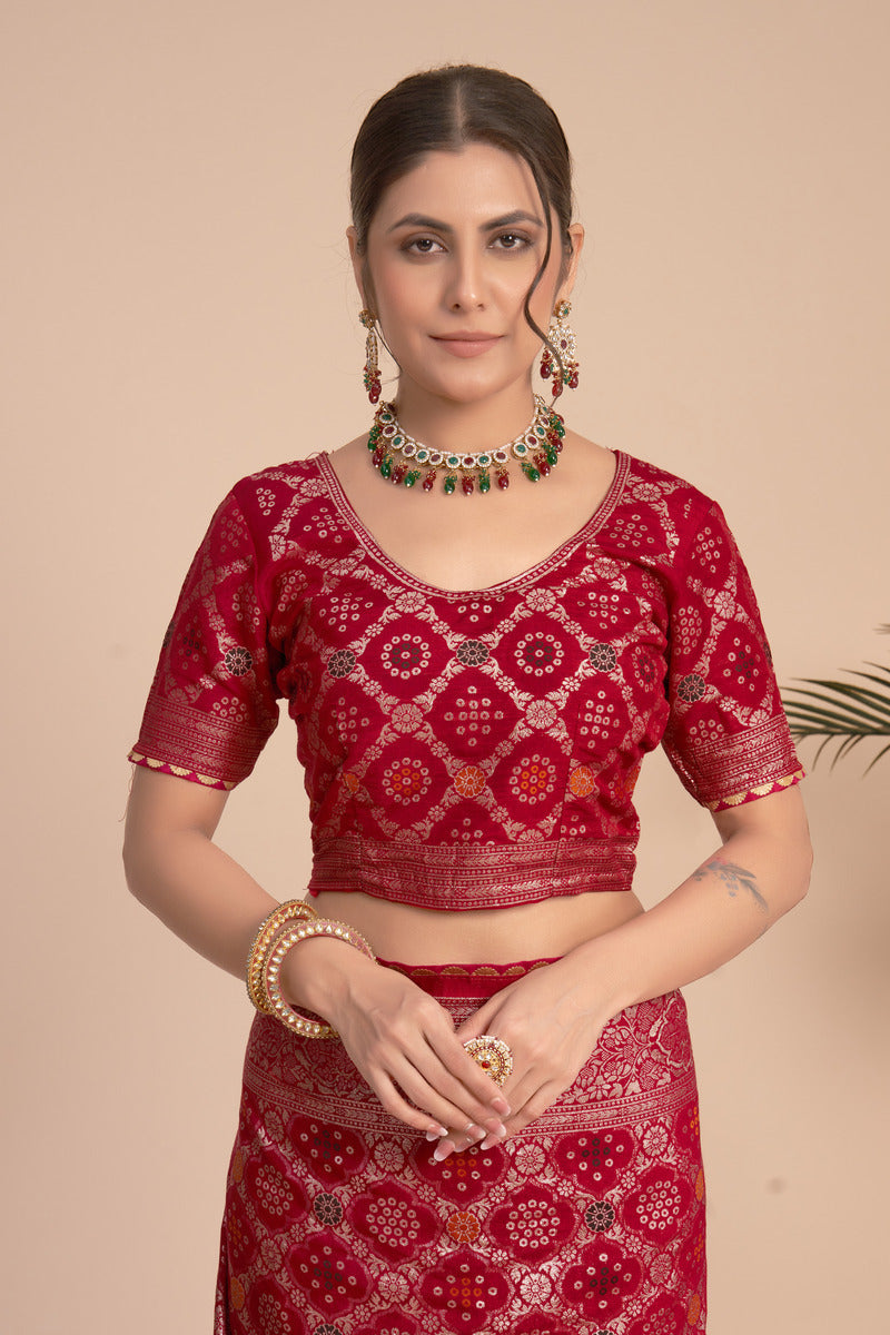 Red woven saree with blouse piece