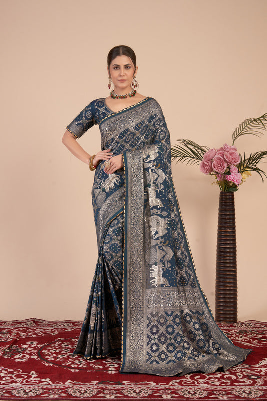 Navy Blue woven saree with blouse piece