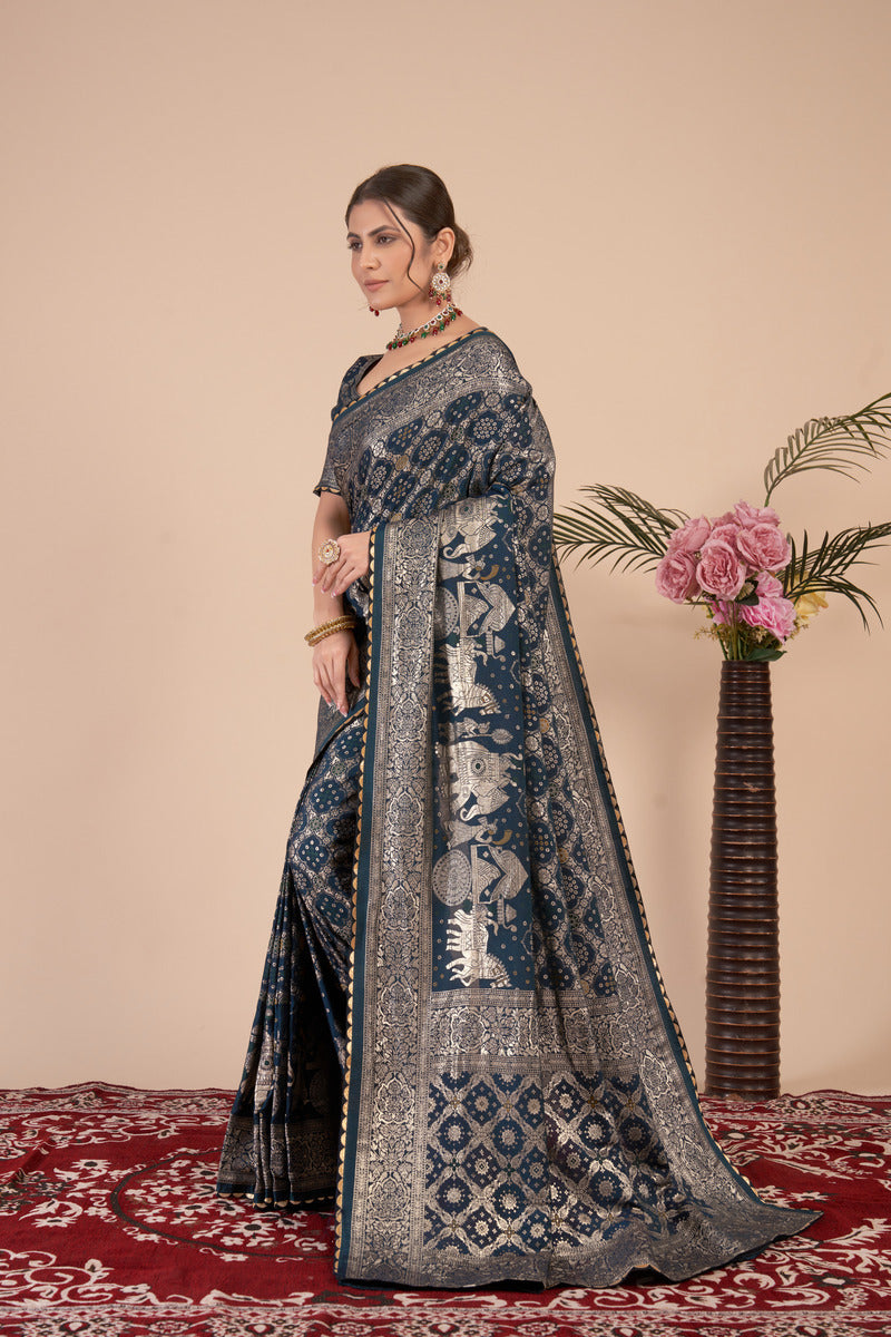Navy Blue woven saree with blouse piece