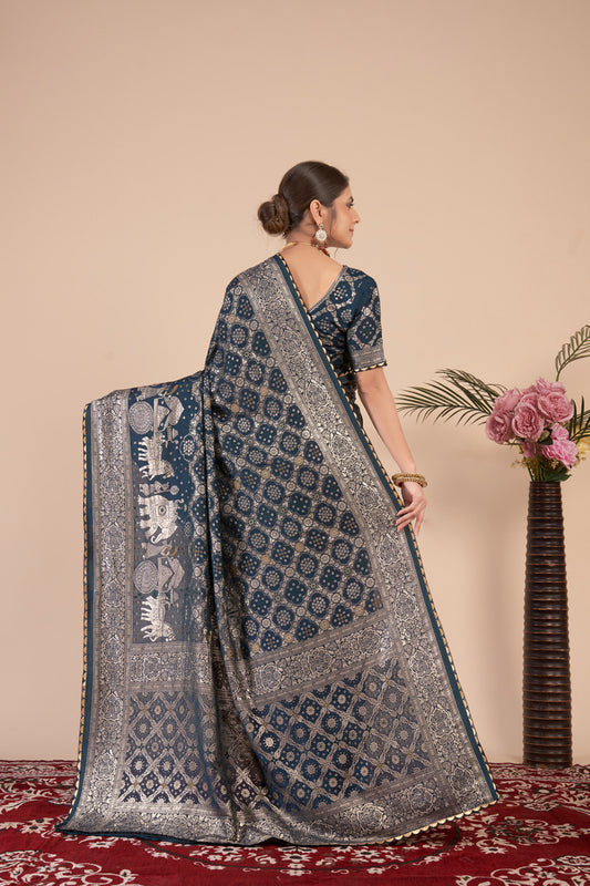 Navy Blue woven saree with blouse piece