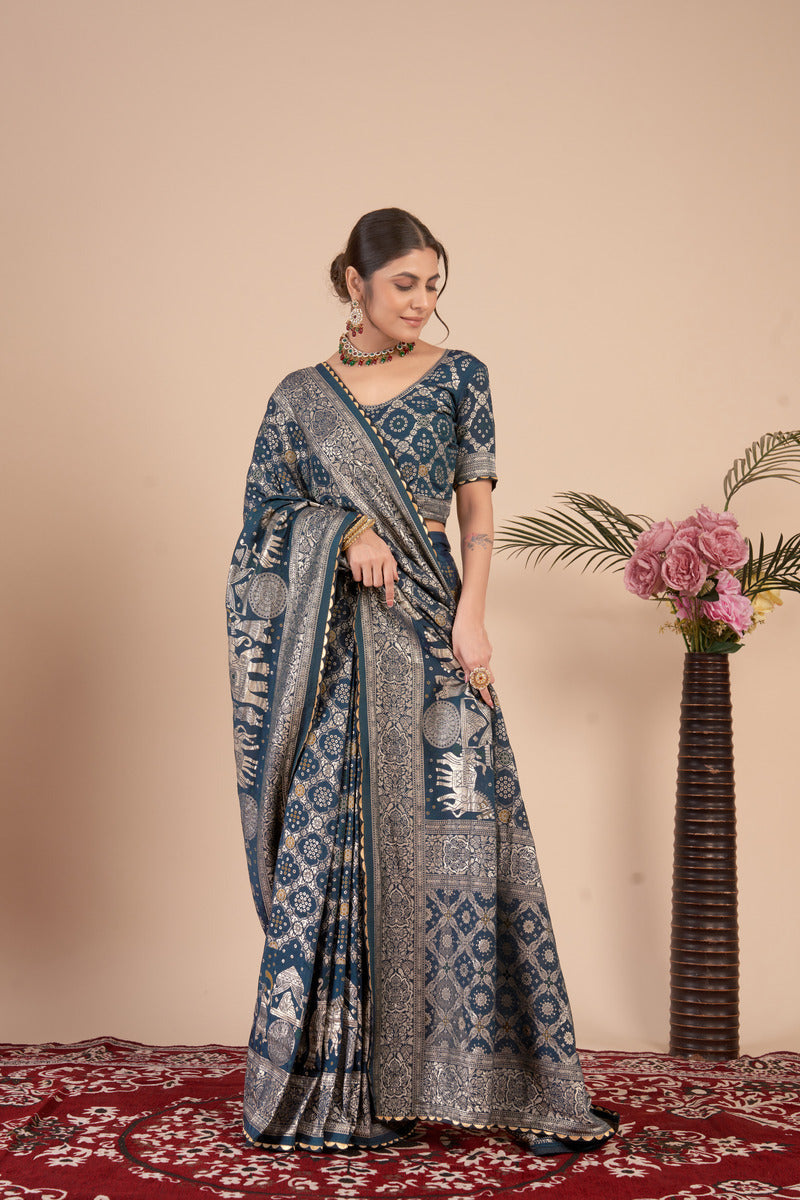 Navy Blue woven saree with blouse piece