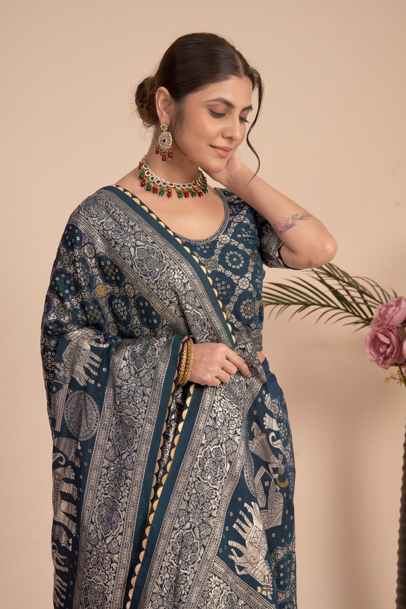 Navy Blue woven saree with blouse piece