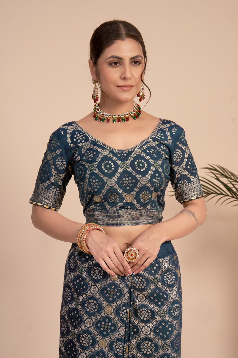 Navy Blue woven saree with blouse piece