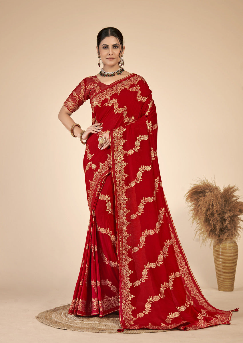 Red woven saree with blouse piece