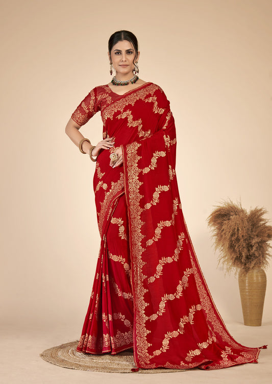 Red woven saree with blouse piece