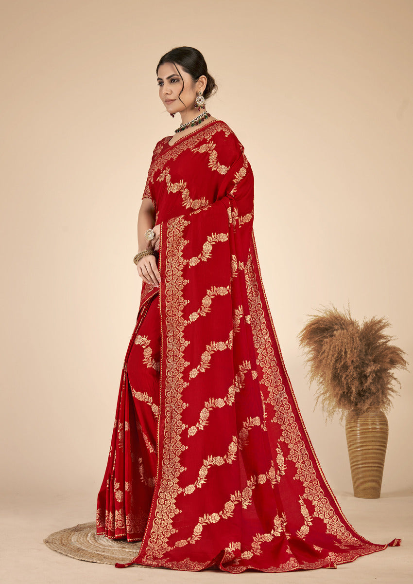 Red woven saree with blouse piece