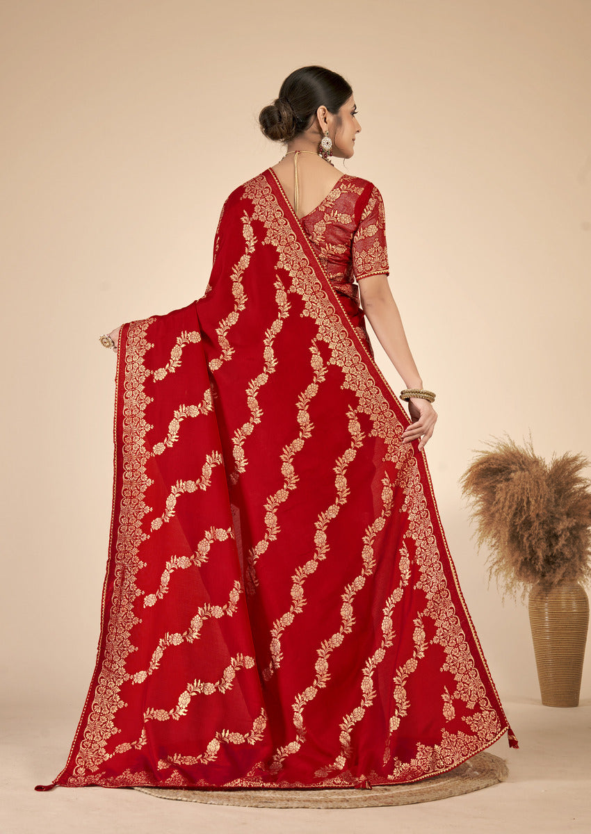 Red woven saree with blouse piece