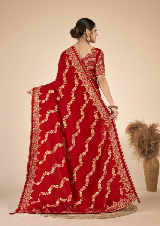 Red woven saree with blouse piece