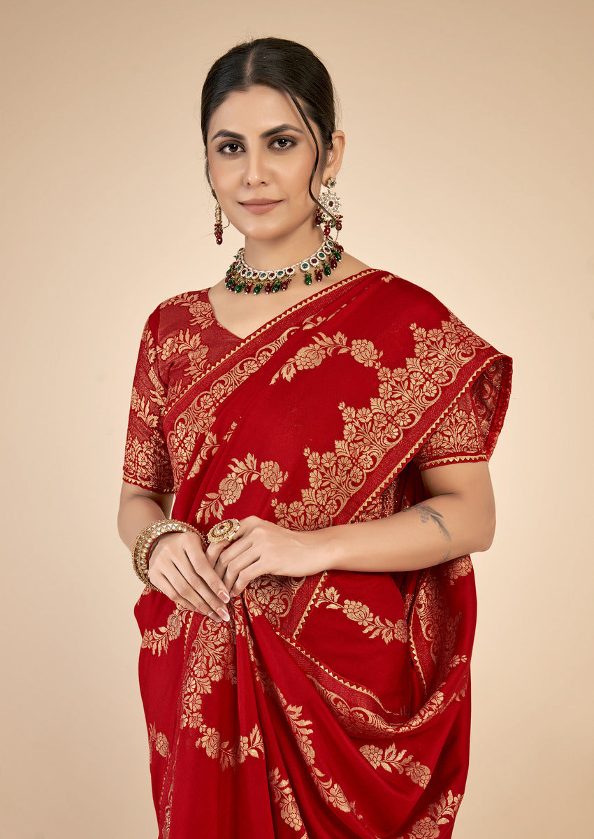 Red woven saree with blouse piece