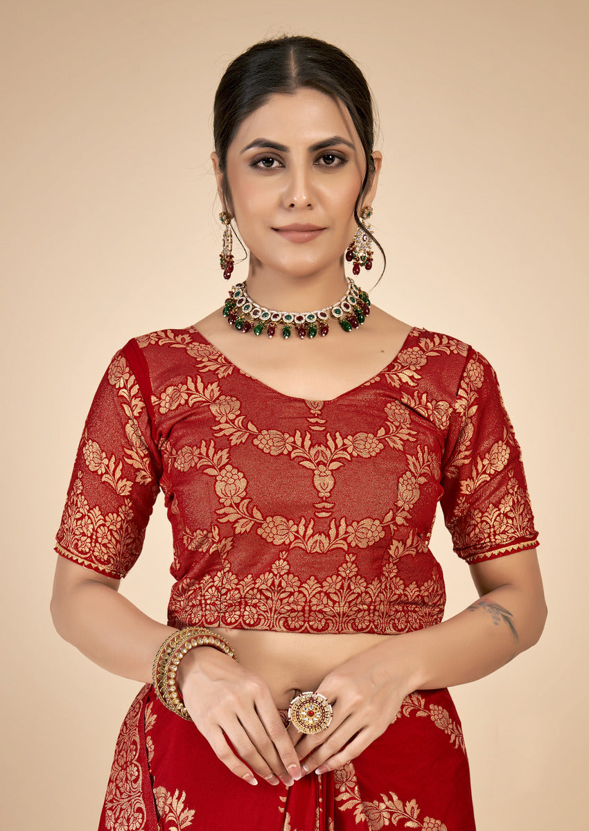 Red woven saree with blouse piece