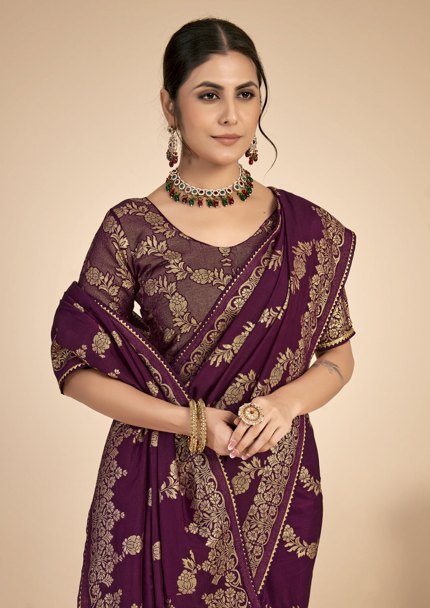 Wine woven saree with blouse piece