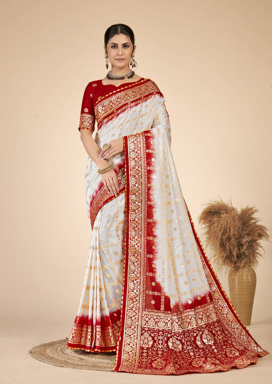 White & Red woven saree with blouse piece