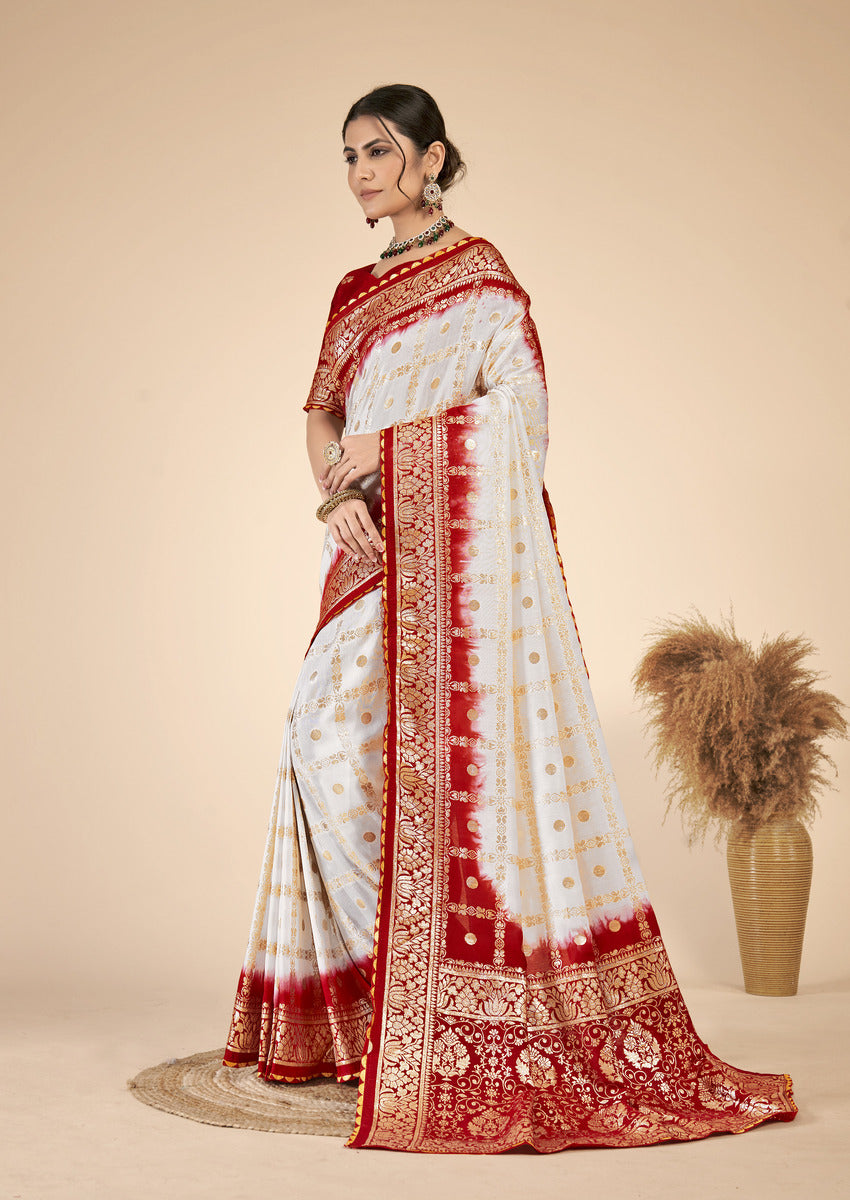 White & Red woven saree with blouse piece
