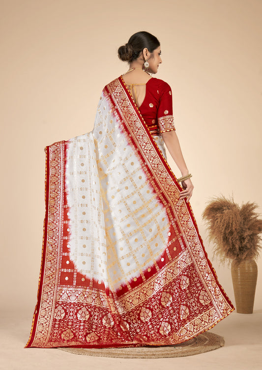 White & Red woven saree with blouse piece