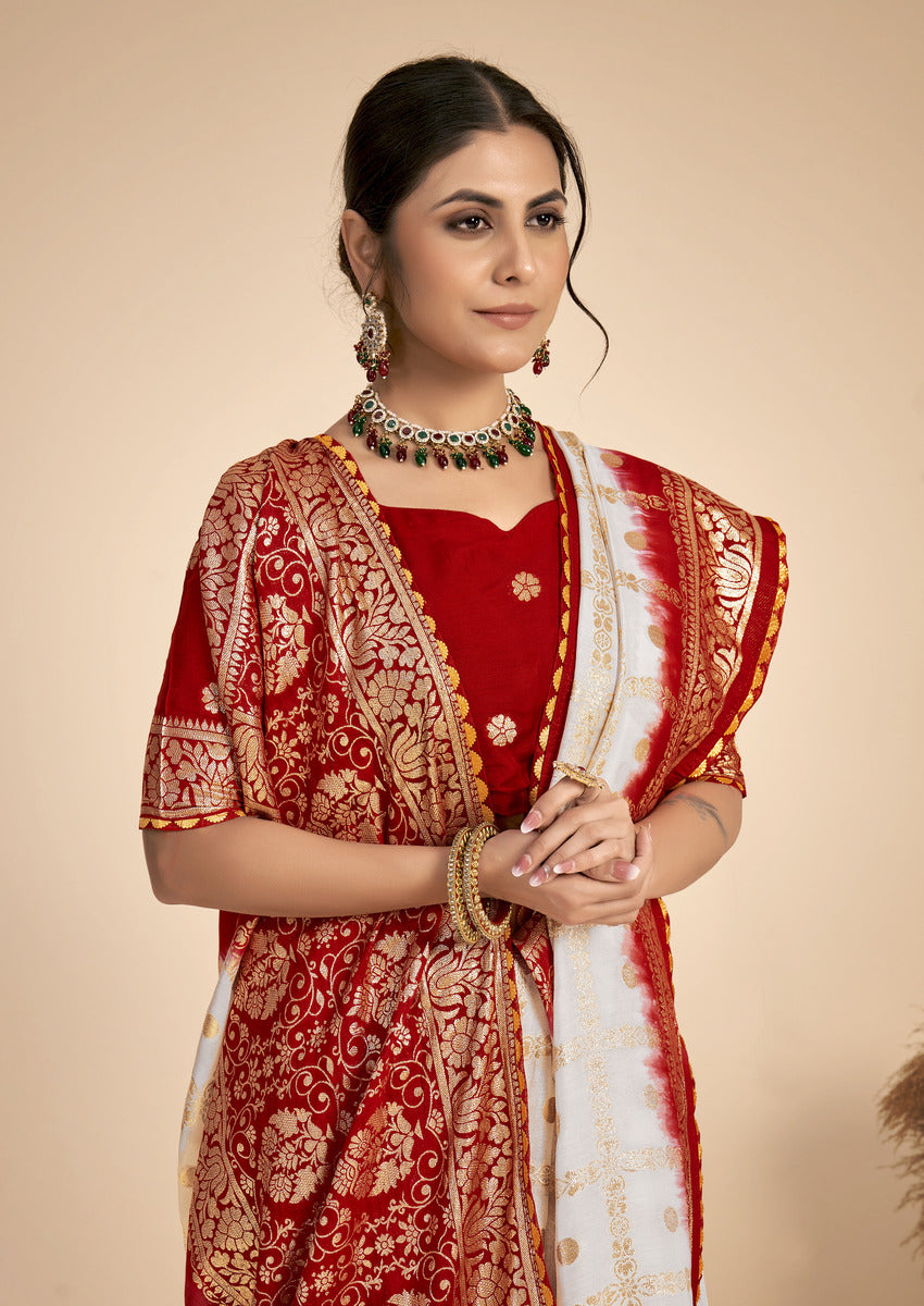 White & Red woven saree with blouse piece