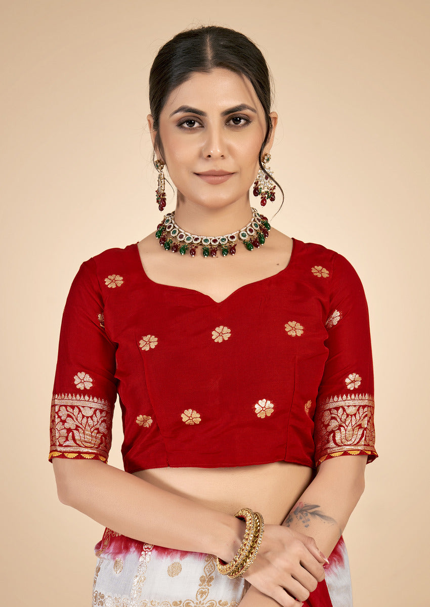 White & Red woven saree with blouse piece