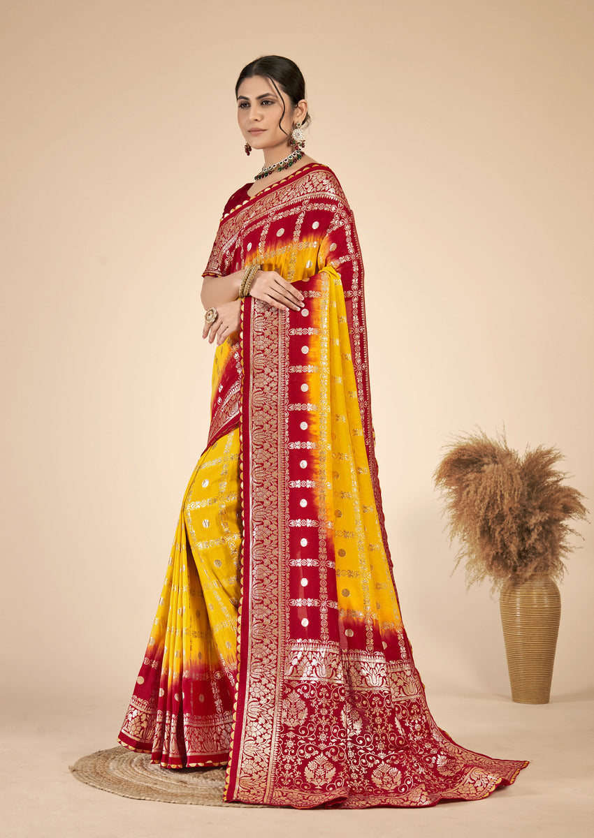 Yellow & Red woven saree with blouse piece