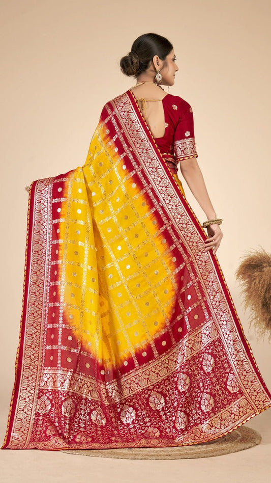Yellow & Red woven saree with blouse piece