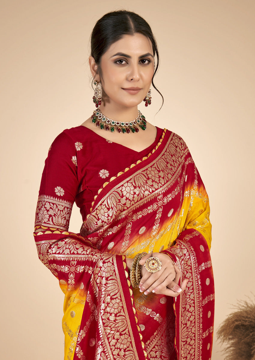 Yellow & Red woven saree with blouse piece