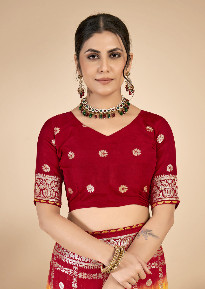 Yellow & Red woven saree with blouse piece