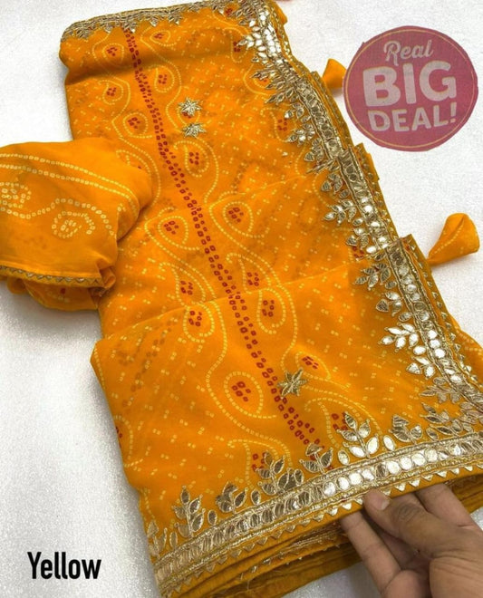 Yellow Georgette Bhandej Gota Pati Saree