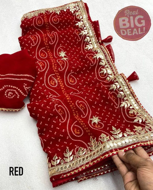 Red Georgette Bhandej Gota Pati Saree