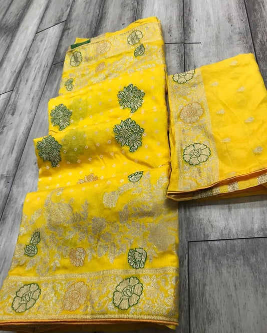 Yellow Dola silk saree with Table print bandhej