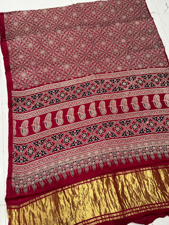 Classic Maroon Ajrakh Hand Block Modal Silk Saree With Zari Pallu