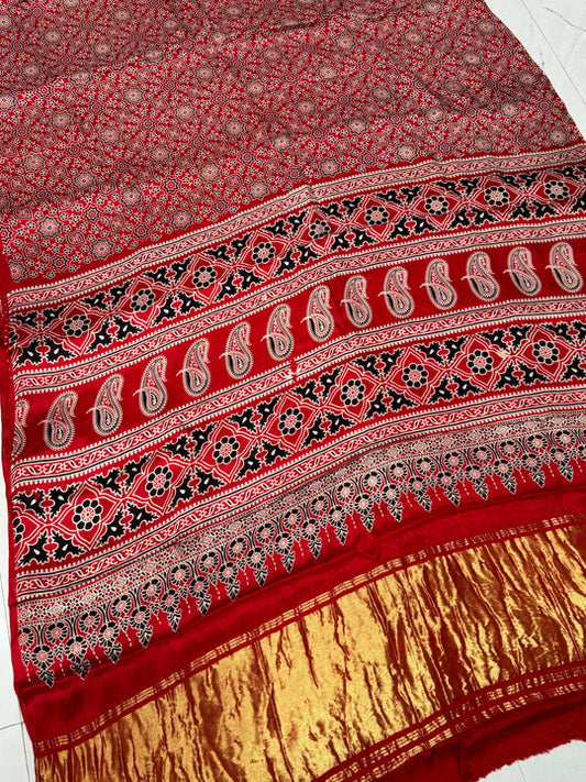 Blood Red Ajrakh Hand Block Modal Silk Saree With Zari Pallu A1 – Maharanisaree