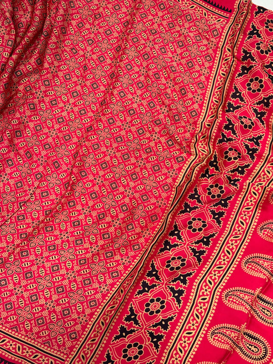 Pink Ajrakh Hand Block Modal Silk Saree With Zari Pallu