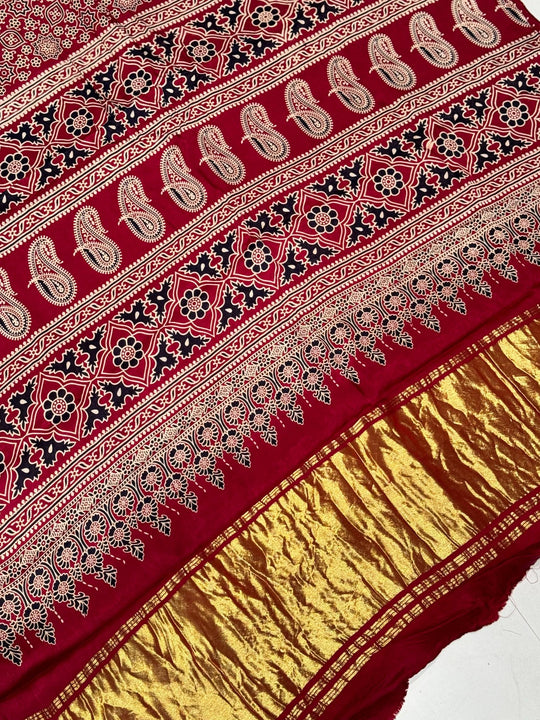 Classic Maroon Ajrakh Hand Block Modal Silk Saree With Zari Pallu