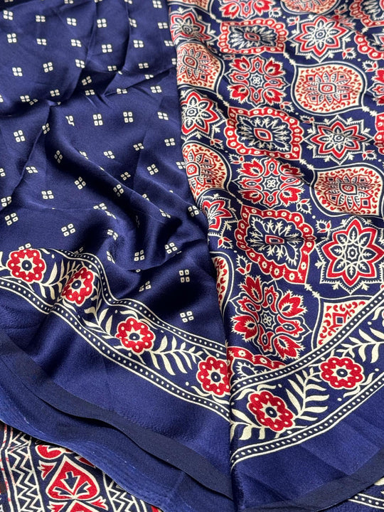 Blue Ajrakh Printed Soft Modal Silk Natural Print Saree