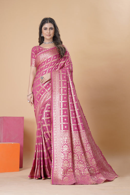 Coral Pink woven saree with blouse piece